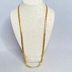 Golden Chain Matinee Necklace Textured Curved Nugget Links Fold Over Clasp